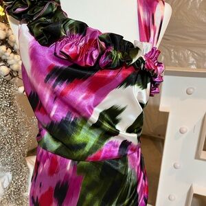 Maggy London Pink and Black One Shoulder Sheath Dress Wedding Guest